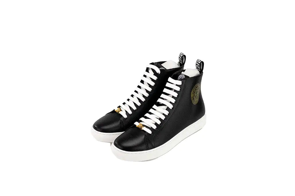 Versace Black Smooth Vitello Leather Medusa Emblem High Top Lace Up Sneakers - Velora Luxury Fashion