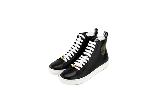 Versace Black Smooth Vitello Leather Medusa Emblem High Top Lace Up Sneakers - Velora Luxury Fashion