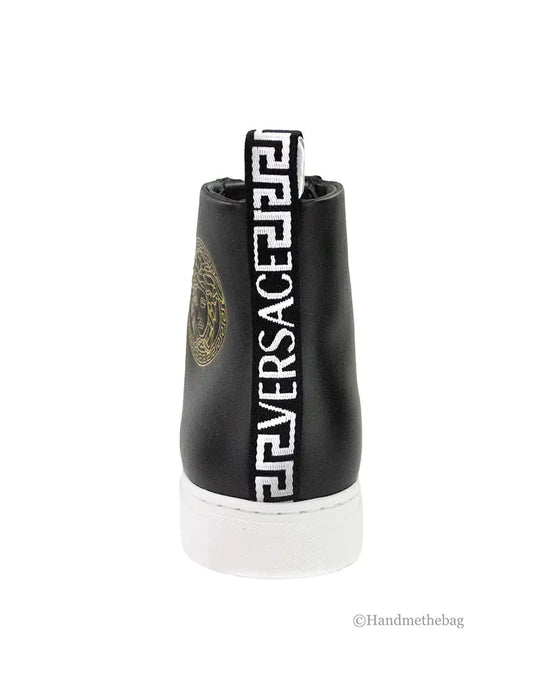 Versace Black Smooth Vitello Leather Medusa Emblem High Top Lace Up Sneakers - Velora Luxury Fashion