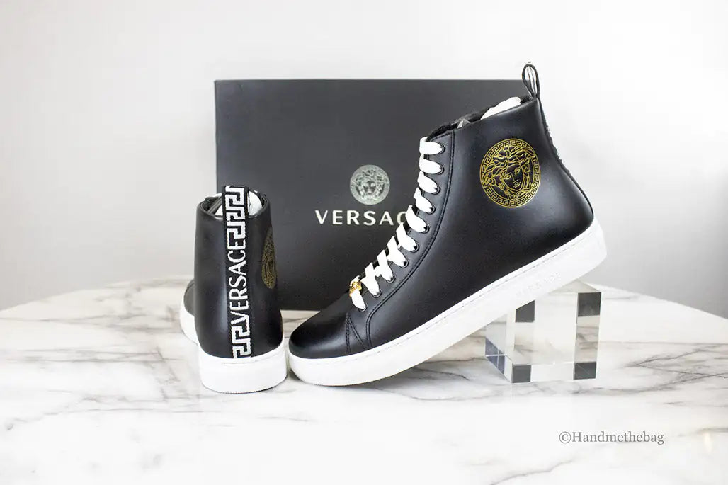 Versace Black Smooth Vitello Leather Medusa Emblem High Top Lace Up Sneakers - Velora Luxury Fashion