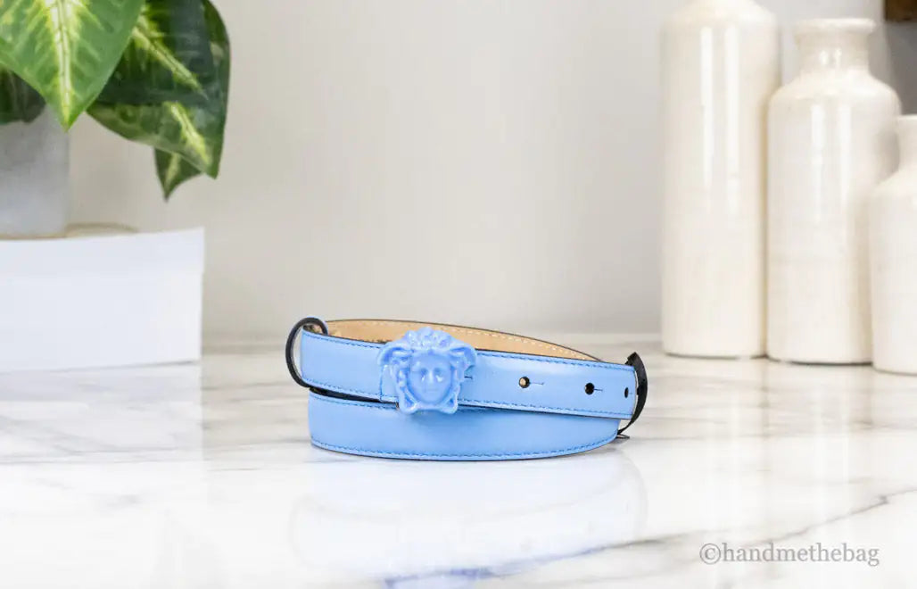Versace DV Blue Leather Slim 20mm Adjustable Medusa Belt - Velora Luxury Fashion