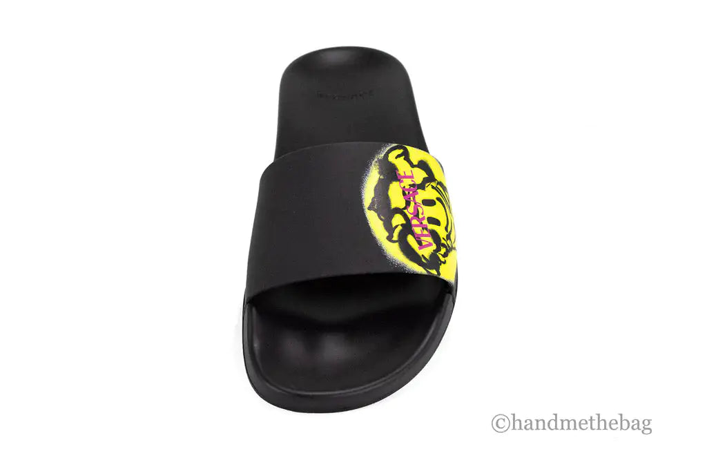 Versace Gomma St. Medusa Smile Black Bright Yellow Pool Slides - Velora Luxury Fashion