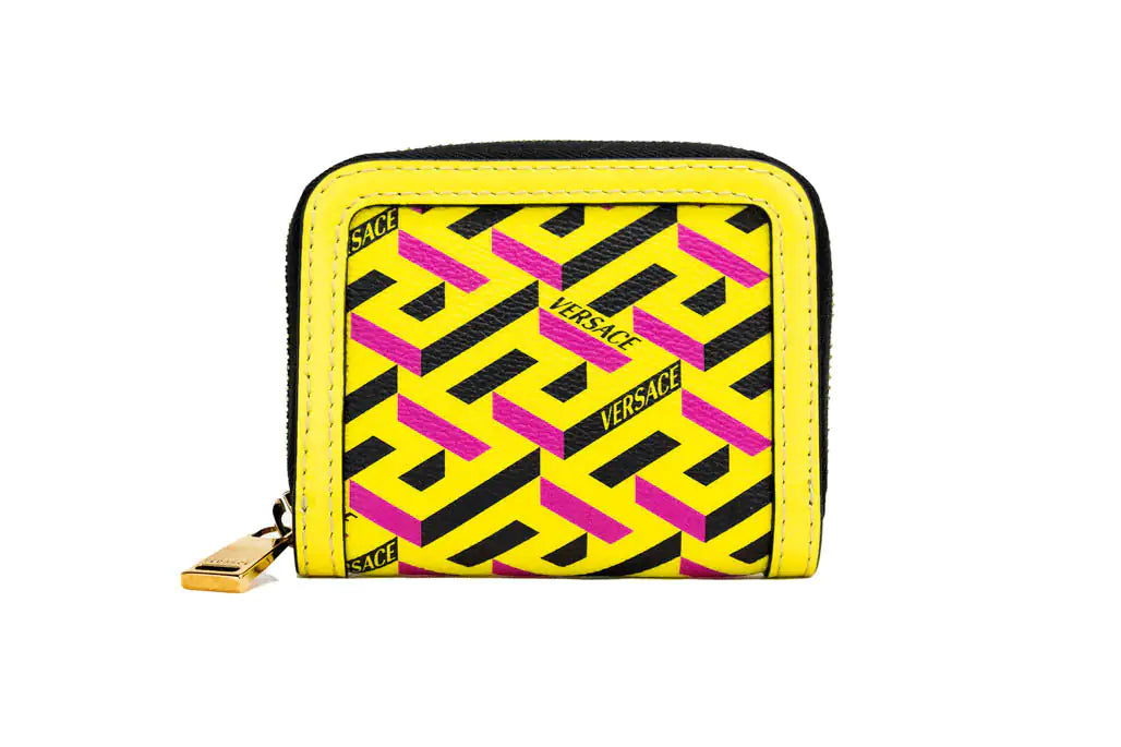 Versace La Greca Yellow Zip Coin Pouch Wallet - Velora Luxury Fashion
