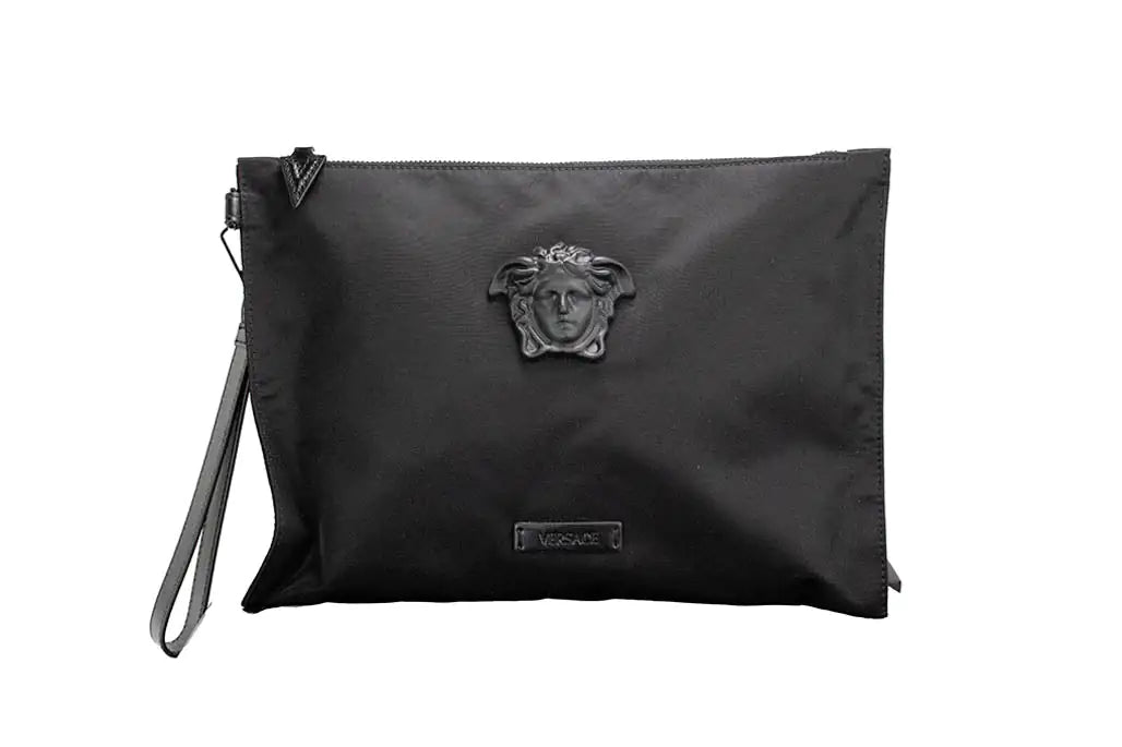 Versace Large Black Nylon Medusa Convertible Pouch Clutch - Velora Luxury Fashion