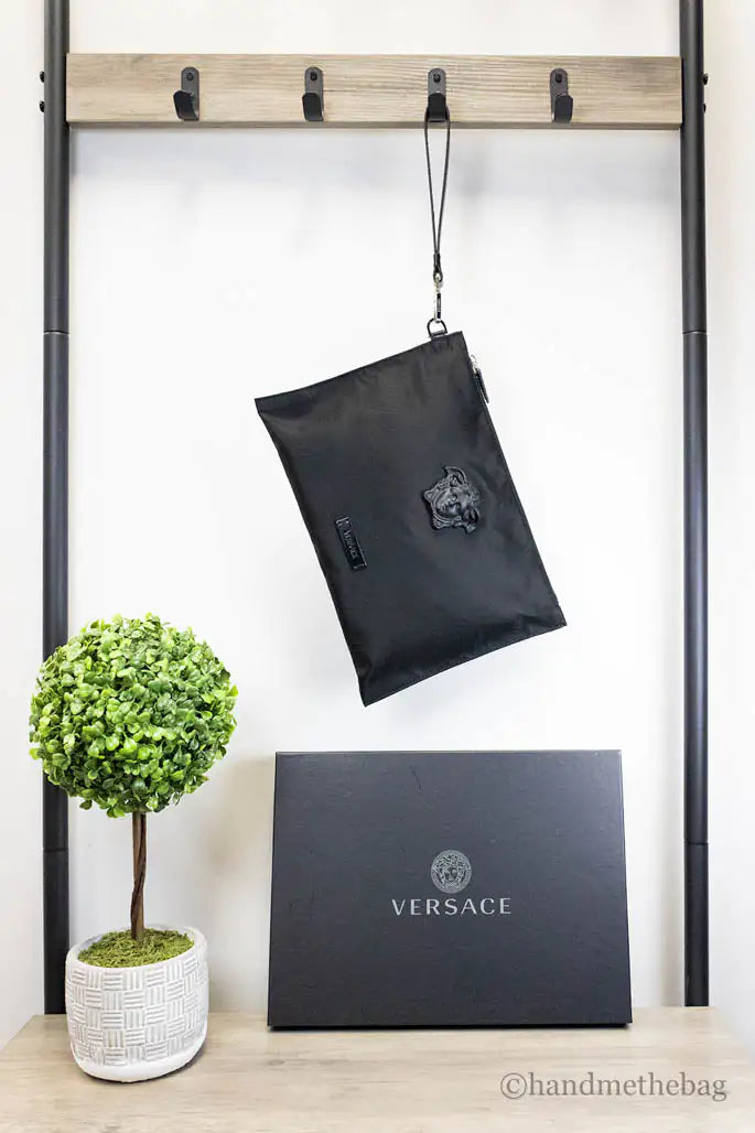 Versace Large Black Nylon Medusa Convertible Pouch Clutch - Velora Luxury Fashion