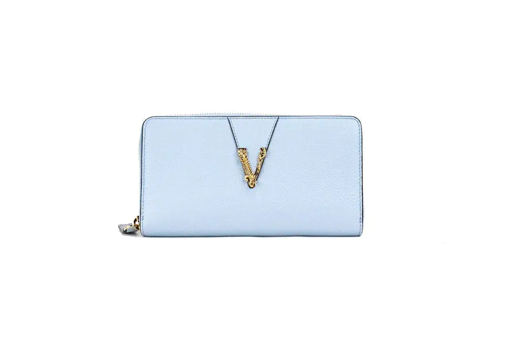 Versace Large Cornflower Leather Gold Monogram Zip Around Wallet - Velora Luxury Fashion