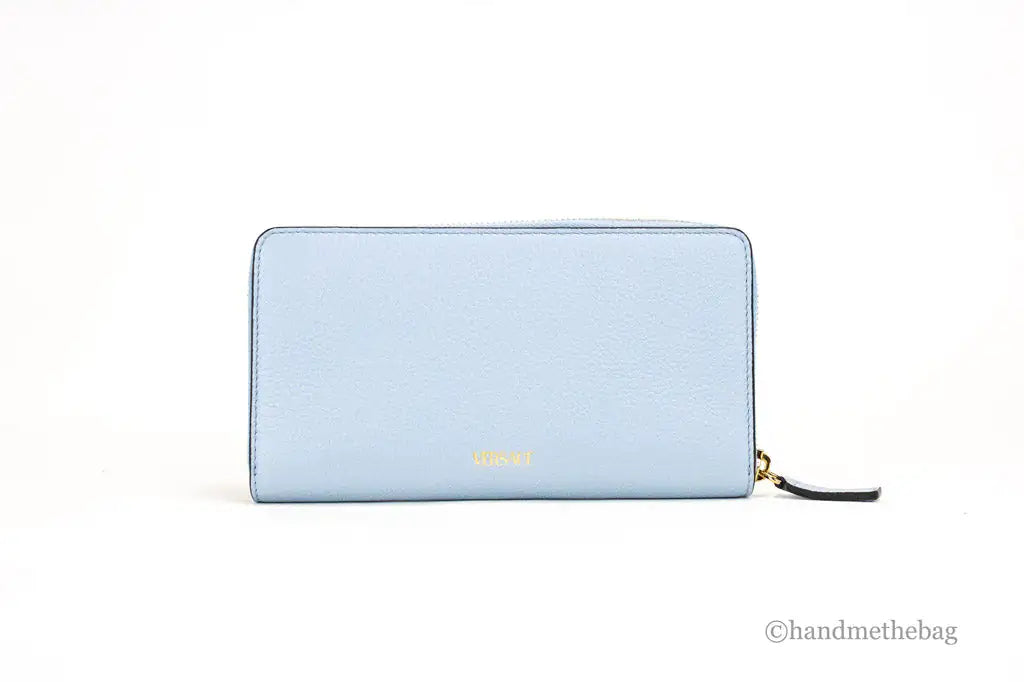 Versace Large Cornflower Leather Gold Monogram Zip Around Wallet - Velora Luxury Fashion