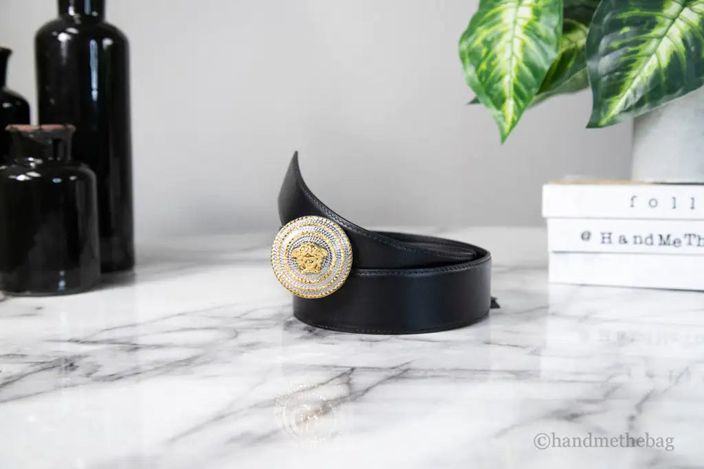 Versace Leather Round Ridged Medusa Emblem Adjustable Belt - Velora Luxury Fashion