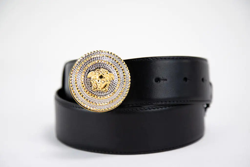 Versace Leather Round Ridged Medusa Emblem Adjustable Belt - Velora Luxury Fashion