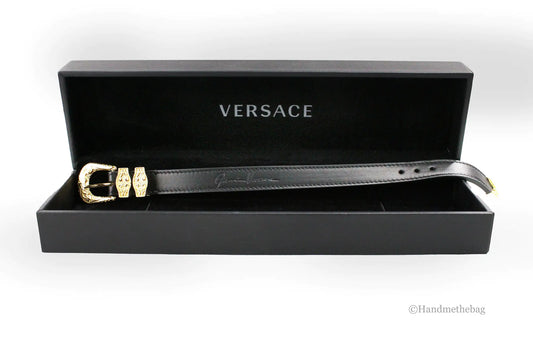 Versace Medusa Western Black Leather Gold Brass Buckle Bracelet - Velora Luxury Fashion