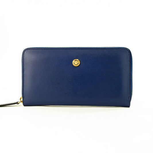 Versace Navy Leather Medusa Continental Clutch Wallet - Velora Luxury Fashion