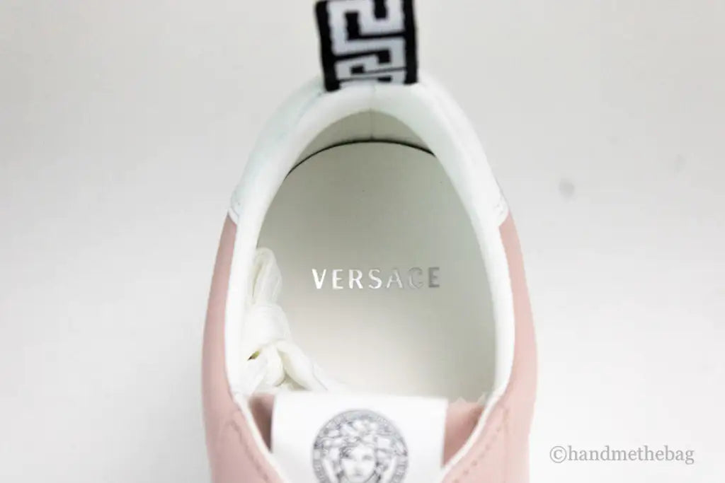 Versace Powder Blush Vitello Leather Signature Lace Sneakers - Velora Luxury Fashion