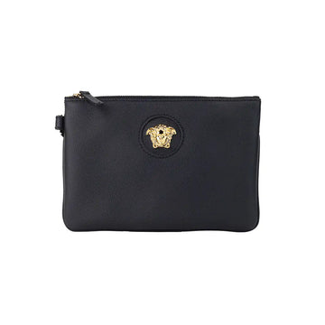 Versace Small Black Leather Wristlet Clutch Pouch - Velora Luxury Fashion