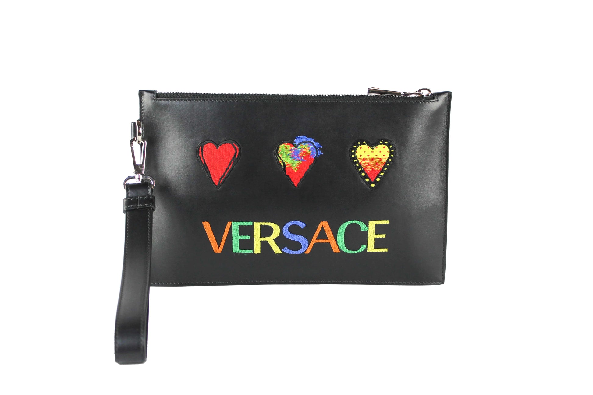 Versace Small Leather Embroidered Heart Patch Clutch - Velora Luxury Fashion
