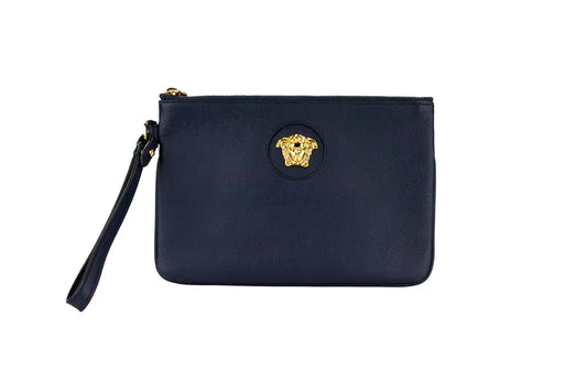 Versace Small Navy Pebbled Leather Wristlet Clutch Pouch - Velora Luxury Fashion