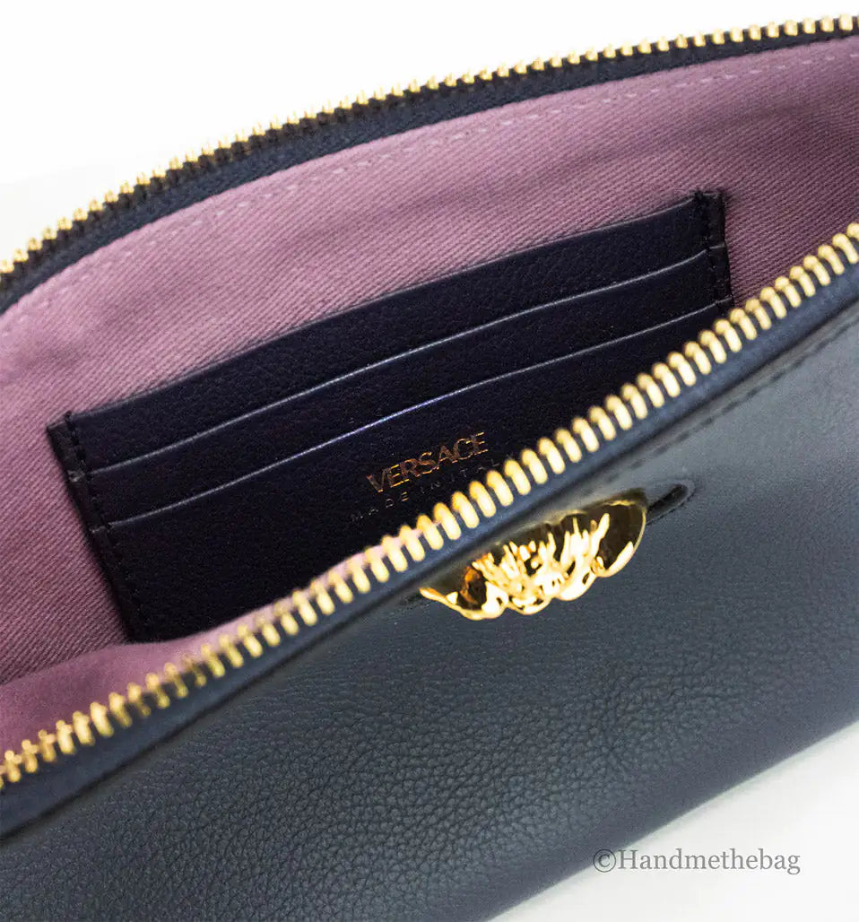 Versace Small Navy Pebbled Leather Wristlet Clutch Pouch - Velora Luxury Fashion