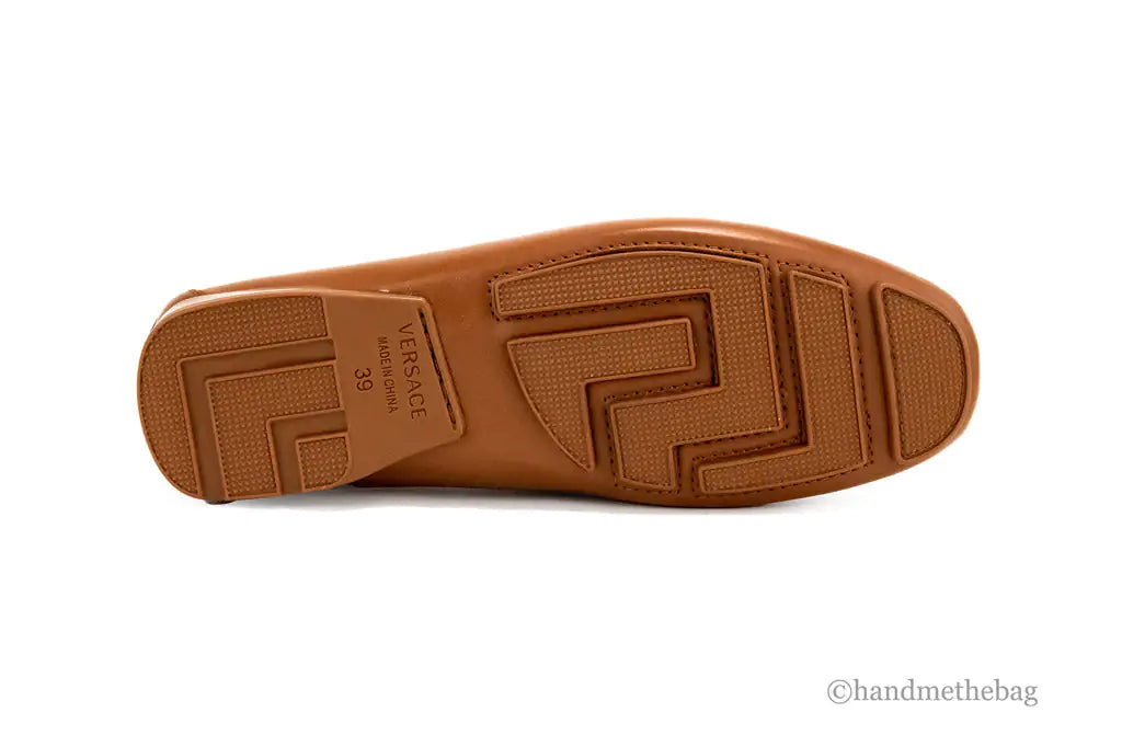 Versace Warm Brown Leather Gold Greek Key Driver Loafers - Velora Luxury Fashion