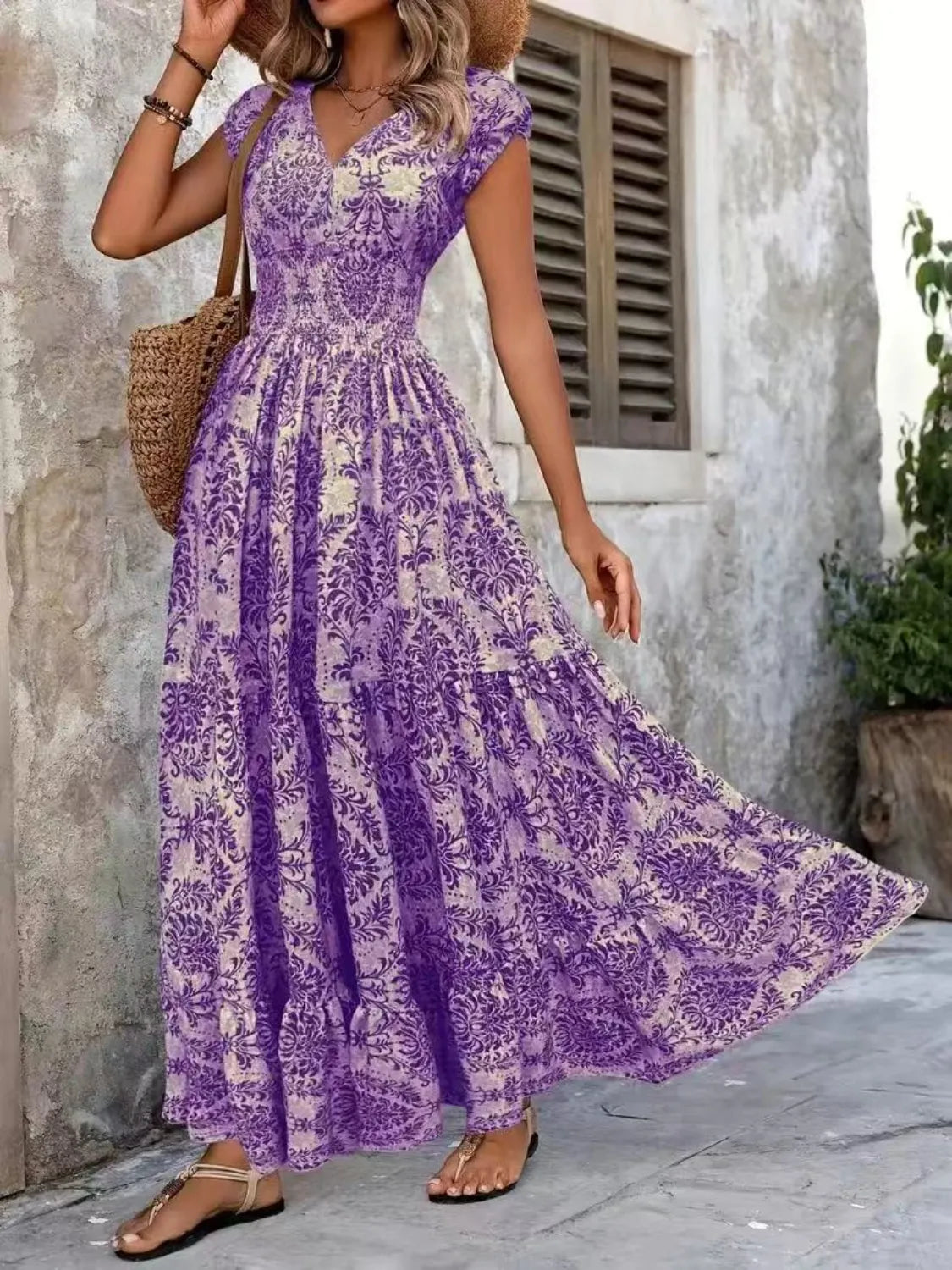 Vintage Floral Cap Sleeve Maxi Dress - Velora Luxury Fashion