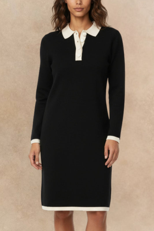 Vivienne Black Knit Dress with White Collar - Velora Luxury Fashion