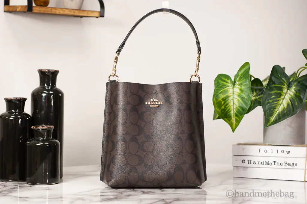 Coach (CA582) Mollie 22 Small Brown Black Coated Canvas Bucket Crossbody Handbag