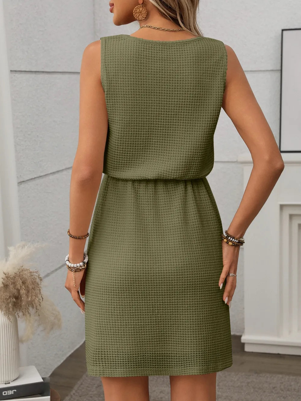 Waffle-Knit Drawstring Mini Tank Dress - Velora Luxury Fashion