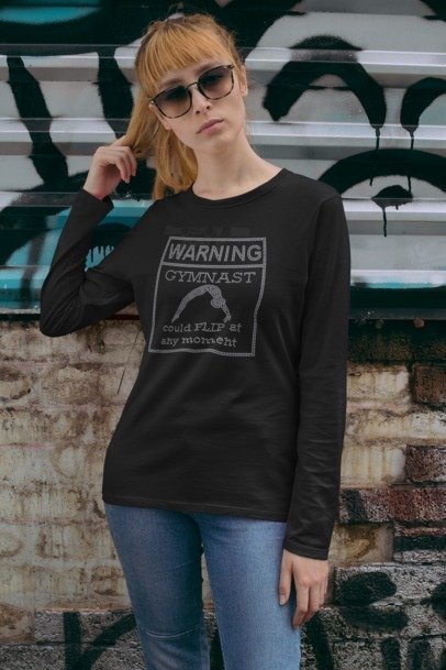 Warning Gymnast May Flip Rhinestone Shirt – Funny Gymnastics Sparkle Tee | Blingdazzel