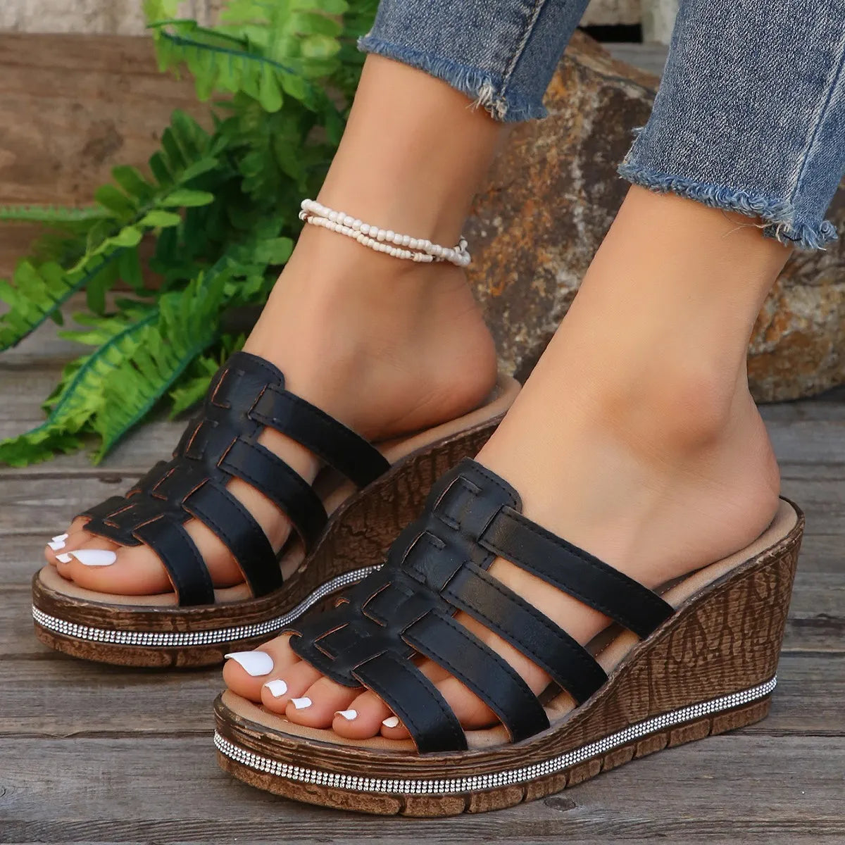 Wedge Platform Sandals with Multiple Strap Design - Velora Luxury Fashion