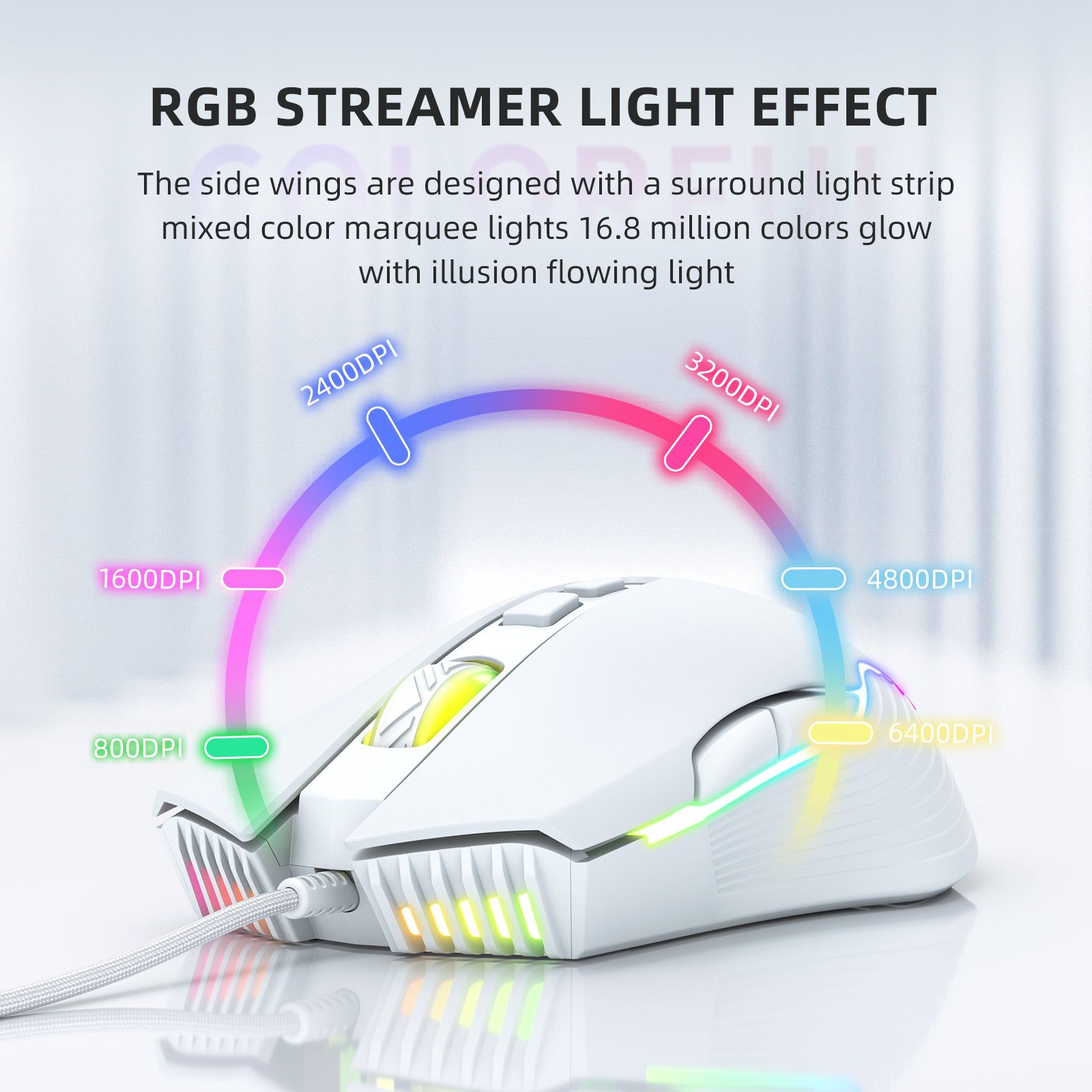 Adjustable 6400 DPI Wired LED Gaming Mouse with Breathing LED Colors White - Velora Luxury Fashion
