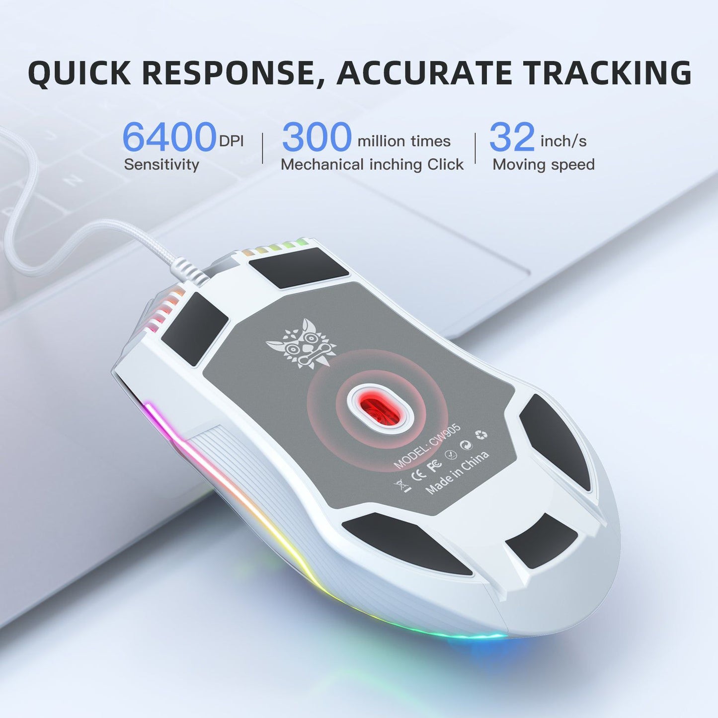 Adjustable 6400 DPI Wired LED Gaming Mouse with Breathing LED Colors White - Velora Luxury Fashion
