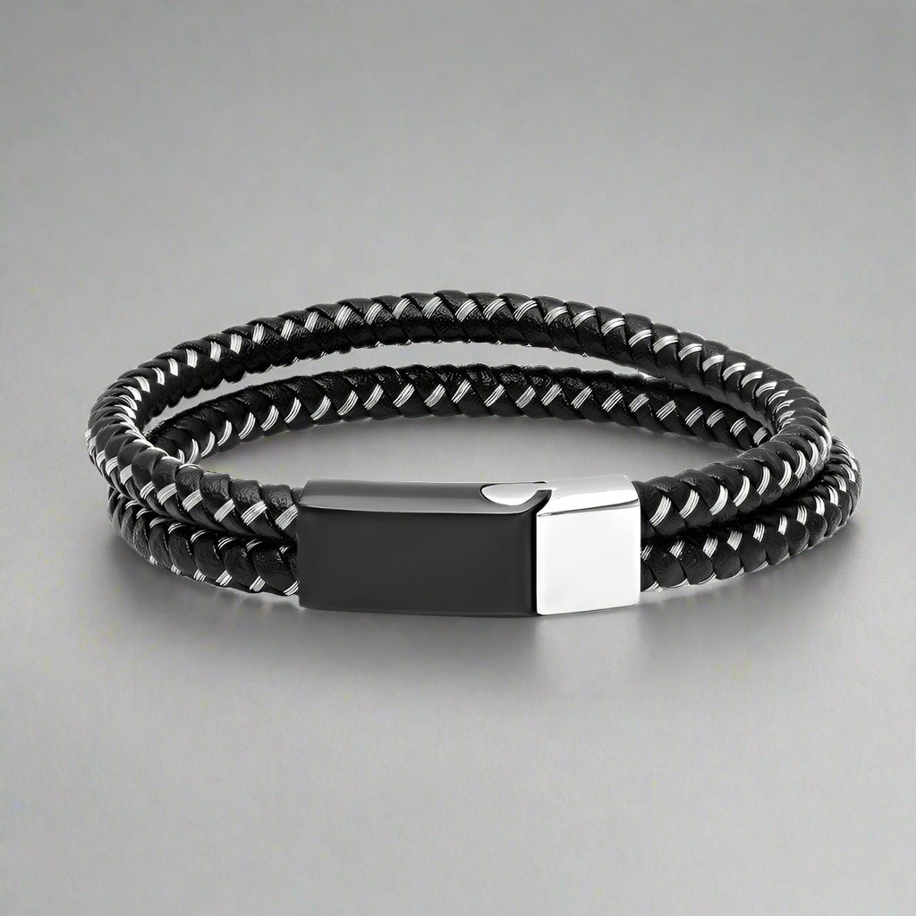Men's Black Leather & Stainless Steel Wire Braided Bracelet Boutique of Leathers/Open Road