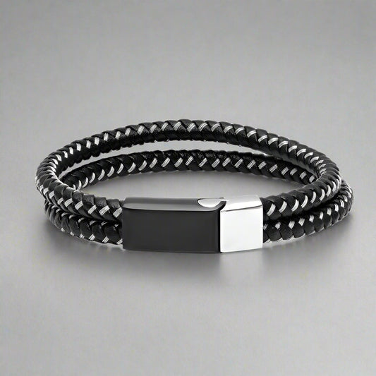 Men's Black Leather & Stainless Steel Wire Braided Bracelet Boutique of Leathers/Open Road