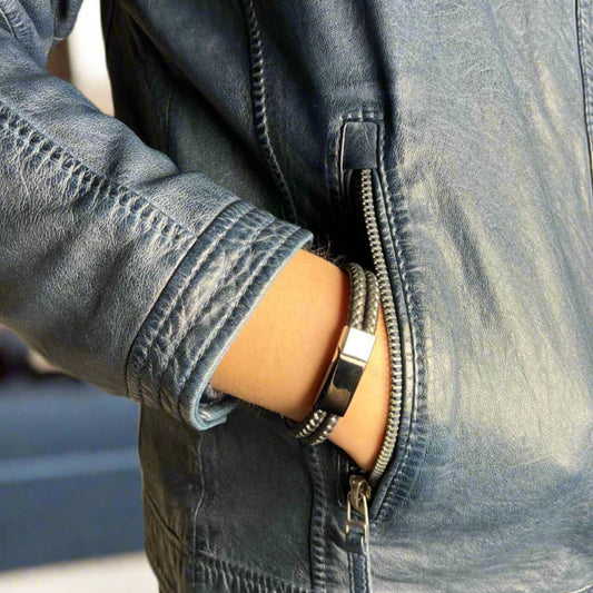 Men's Black Leather & Stainless Steel Wire Braided Bracelet Boutique of Leathers/Open Road