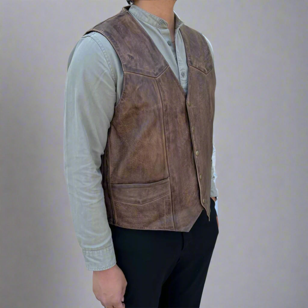Men's Cow Leather Vest. Classic Style with Snap Closure & Front Pockets Boutique of Leathers/Open Road