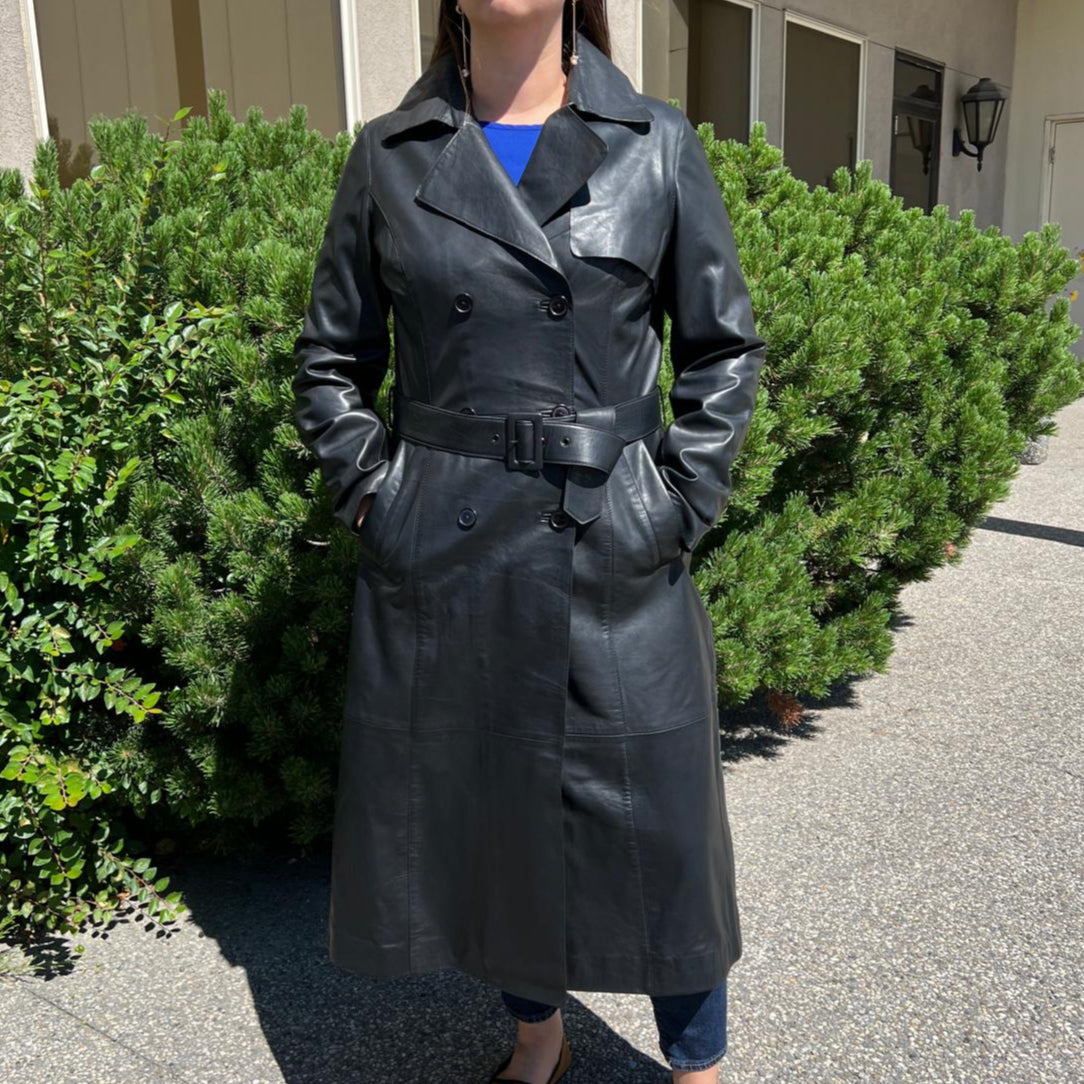 Women's Classic Leather Trench Coat. Double-Breasted Button Closure with Adjustable Belt Boutique of Leathers/Open Road