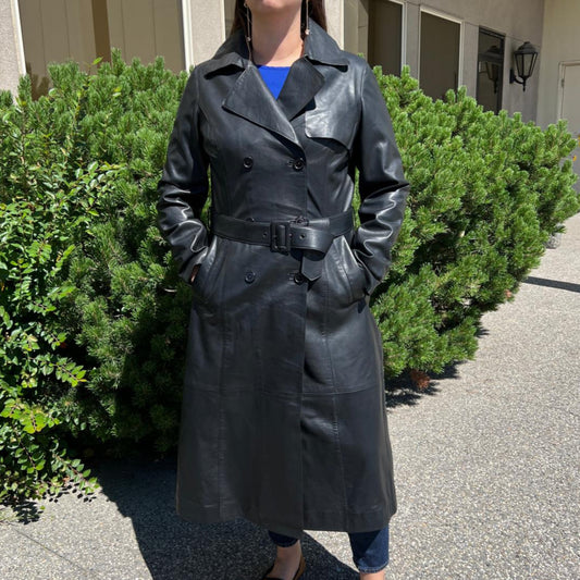 Women's Classic Leather Trench Coat. Double-Breasted Button Closure with Adjustable Belt Boutique of Leathers/Open Road