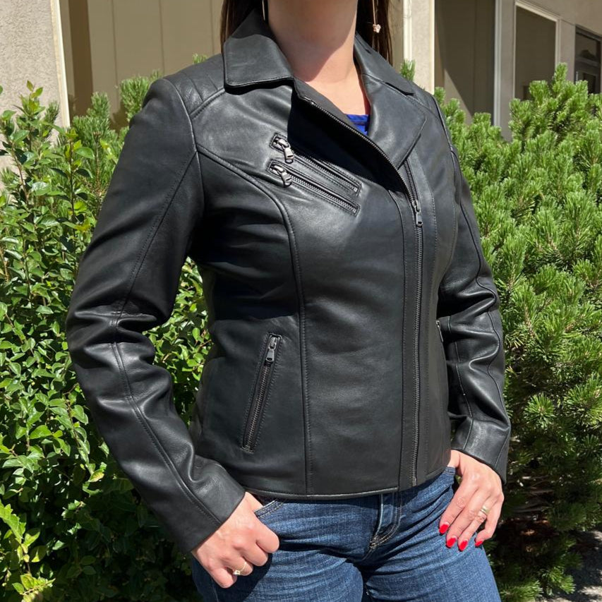 Women's Lamb Leather Biker Look Jacket with Asymmetrical Collar and Stitched Shoulders Boutique of Leathers/Open Road