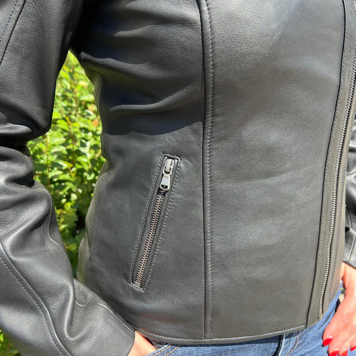 Women's Lamb Leather Biker Look Jacket with Asymmetrical Collar and Stitched Shoulders Boutique of Leathers/Open Road