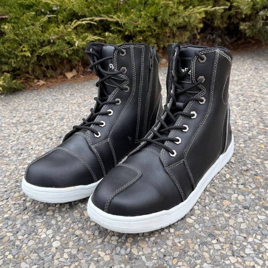 Men's Sneaker Biker Boots. Black Cowhide Leather with White Sole, Lace-Up & Side Zip - Velora Luxury Fashion