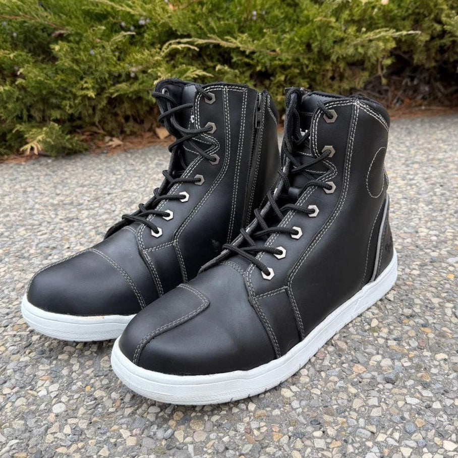 Men's Sneaker Biker Boots. Black Cowhide Leather with White Sole, Lace-Up & Side Zip - Velora Luxury Fashion