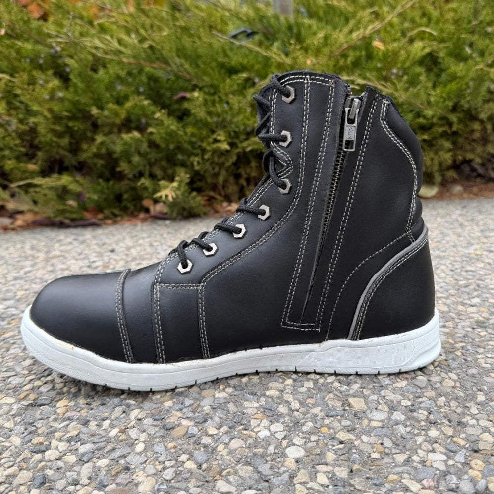 Men's Sneaker Biker Boots. Black Cowhide Leather with White Sole, Lace-Up & Side Zip - Velora Luxury Fashion