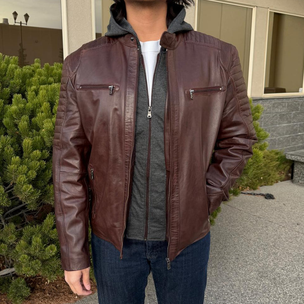 Men's Lamb Leather Jacket with Removable Hoodie - Velora Luxury Fashion
