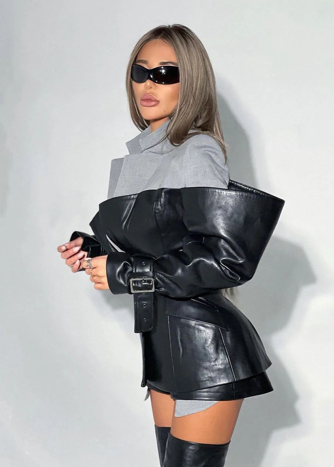 Contrast Mixed-Media Blazer with Oversized Buckle Sleeves