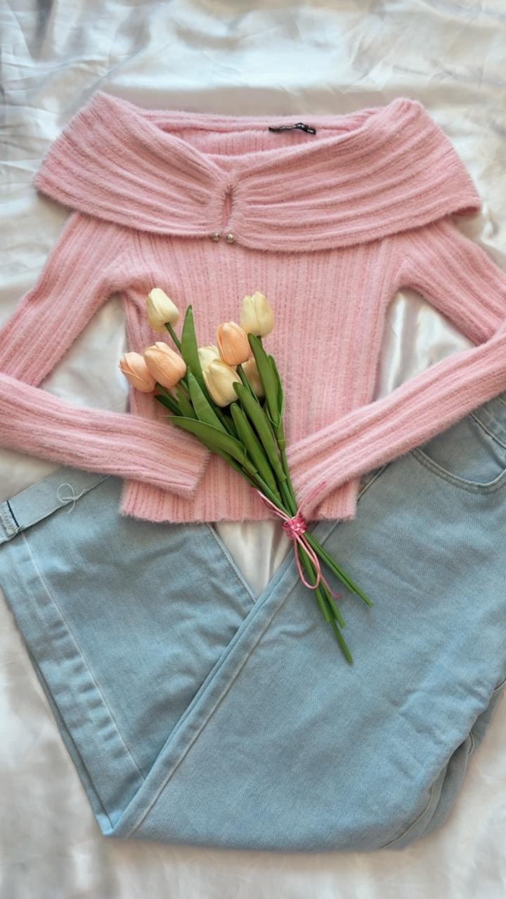 Off shoulder-Pink- Sweater