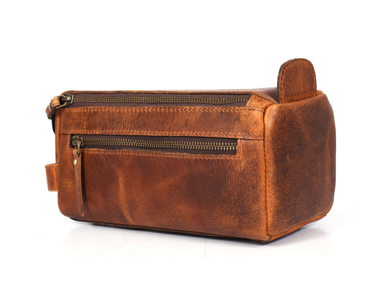 Winston Leather Toiletry Bag -  Caramel Brown - Velora Luxury Fashion