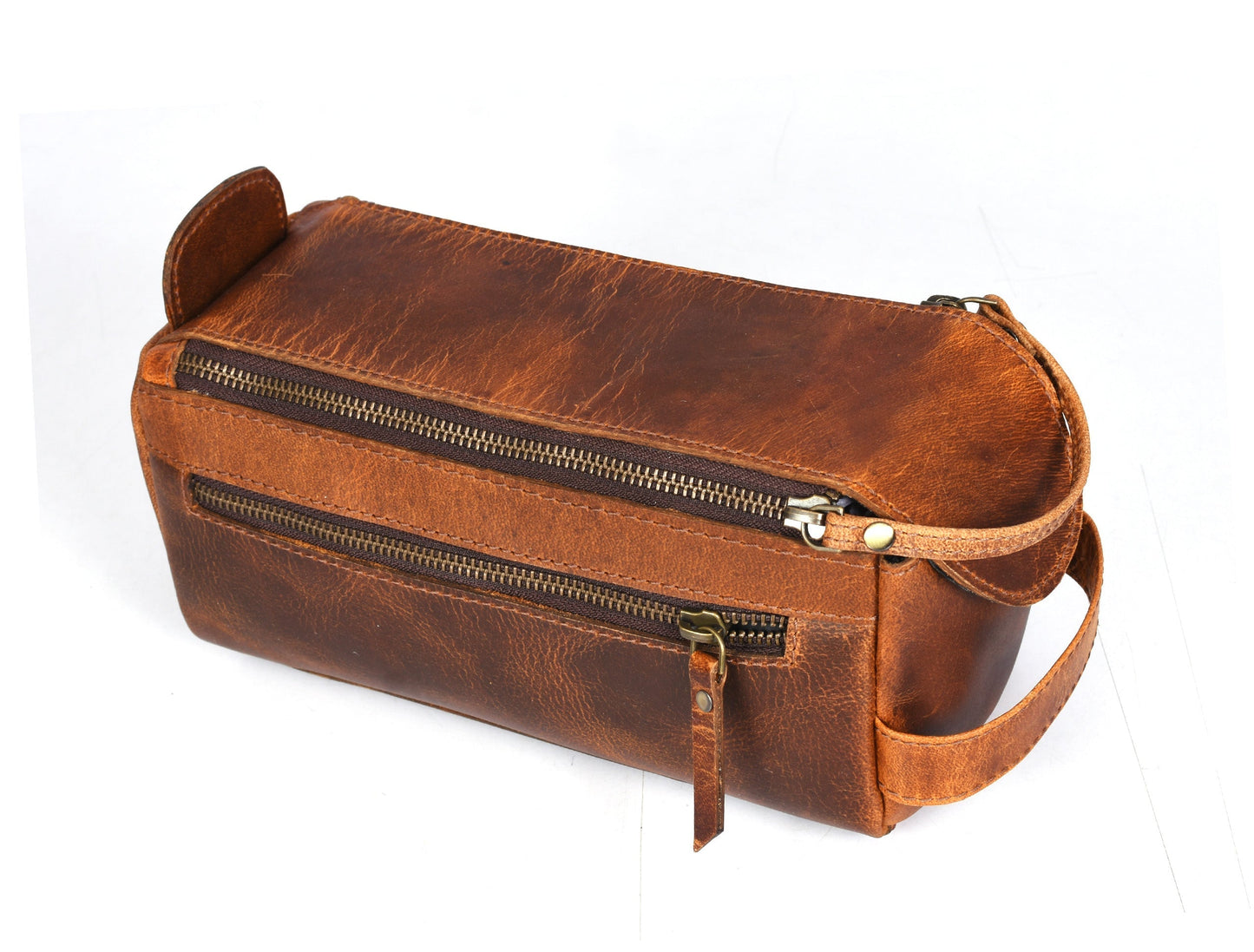 Winston Leather Toiletry Bag -  Caramel Brown - Velora Luxury Fashion