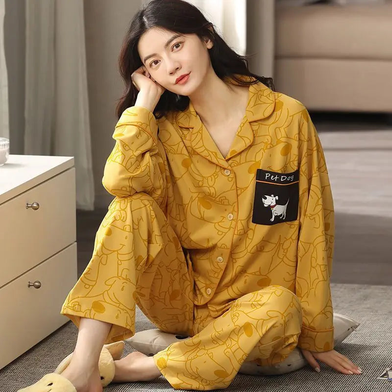 Women Pajamas – Cotton Cartoon Pajama Suit with Long Sleeves - Velora
