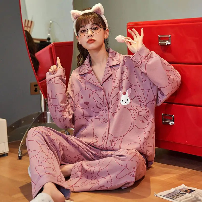 Women Pajamas – Cotton Cartoon Pajama Suit with Long Sleeves - Velora