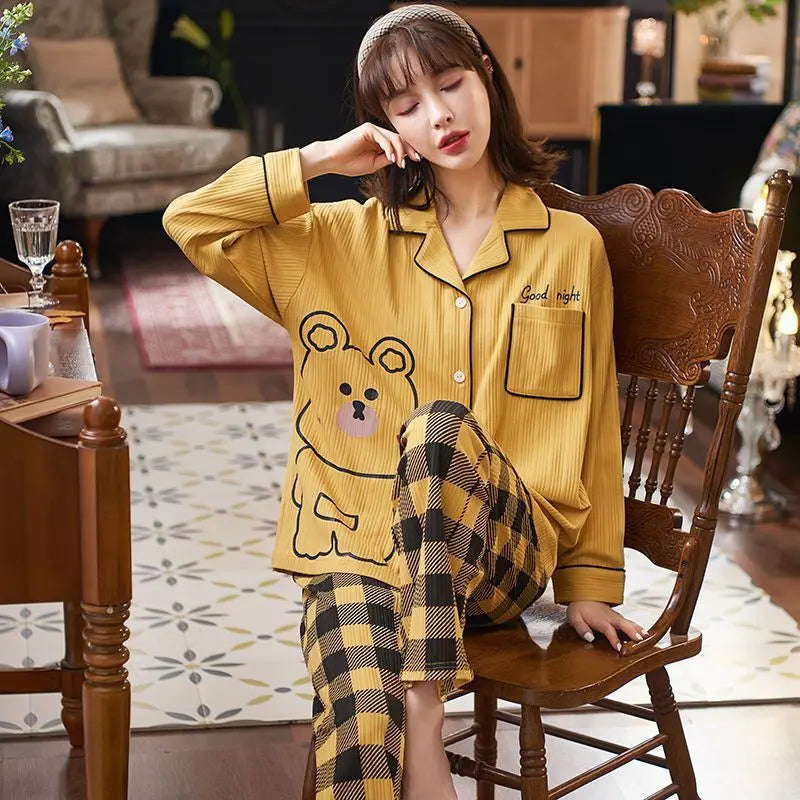 Women Pajamas – Cotton Cartoon Pajama Suit with Long Sleeves - Velora