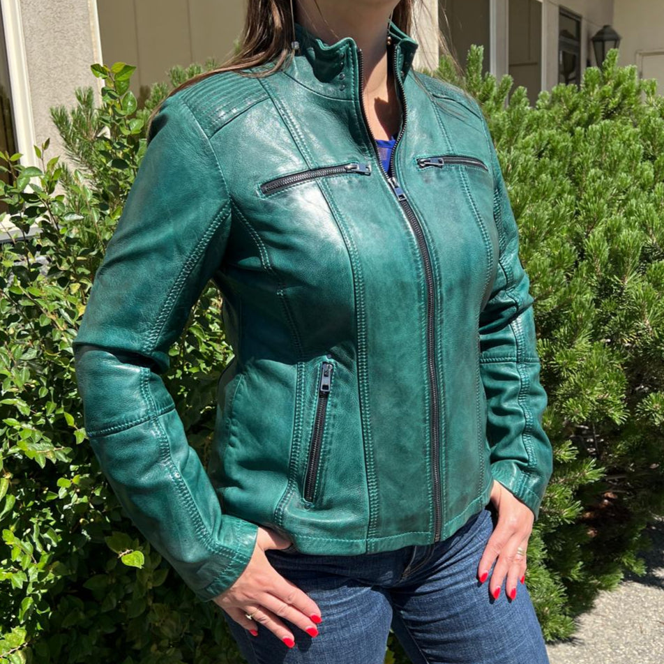 Women's Classic Lamb Leather Jacket. Round Collar with Studs, 4 Zippered Pockets & Shoulder Accent Stitching - Velora Luxury Fashion