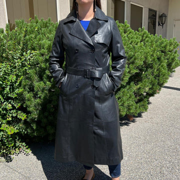 Women's Classic Leather Trench Coat. Double-Breasted Button Closure with Adjustable Belt - Velora Luxury Fashion